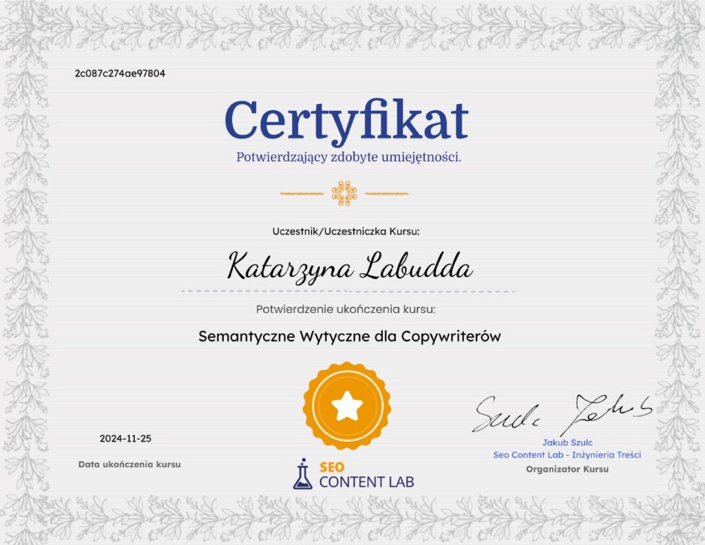 Certyfikat potwierdzający umiejętności SEO